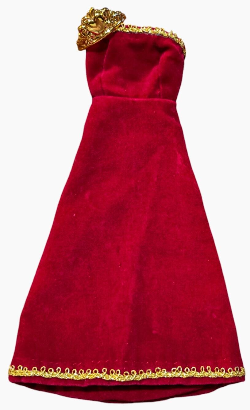 Vintage Barbie Dress And Crown Red Velvet Gold Accents Formal Doll Gown